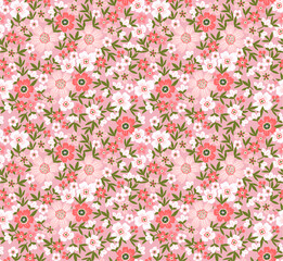 Seamless floral pattern for design. Small pastel colours flowers. Coral background. Modern floral texture. A allover floral design in light colors. The elegant the template for fashion prints.