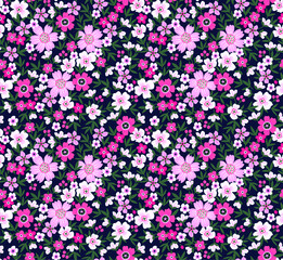 Fototapeta na wymiar Vintage floral background. Seamless vector pattern for design and fashion prints. Flowers pattern with small purple flowers on a dark blue background. Ditsy style. 
