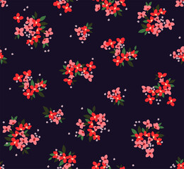 Fototapeta na wymiar Cute floral pattern in the small flower. Ditsy print. Seamless vector texture. Elegant template for fashion prints. Printing with small orange flowers. Dark violet background.