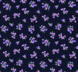 Fototapeta na wymiar Cute floral pattern in the small flower. Ditsy print. Motifs scattered random. Seamless vector texture. Elegant template for fashion prints. Printing with small purple flowers. Dark blue background.
