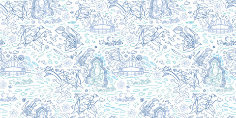 Wellbeing meditation buddha pattern. Lifestyle. Exotic jungle lagoon landscape seamless modern design. Botanical leaf and buddha statue in delft blue tones. Hand drawn line art design. Packaging, home