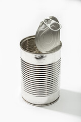Empty tin can isolated on a white background. Metallic Food container