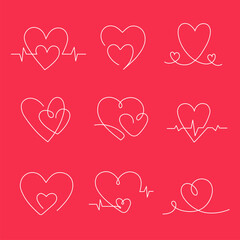 Set line illustration for hearts. Simple drawing vector illustrations.