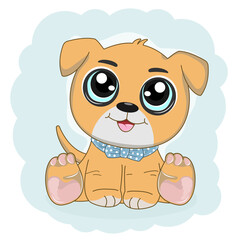 Cute funny dog cartoon smiling with blue bow.