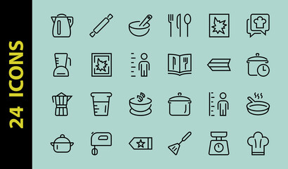 Set of icons for cooking and kitchen, vector lines, contains icons such as a knife, saucepan, boiling time, mixer, scales, recipe book. Editable stroke, perfect 480x480 pixels, white background