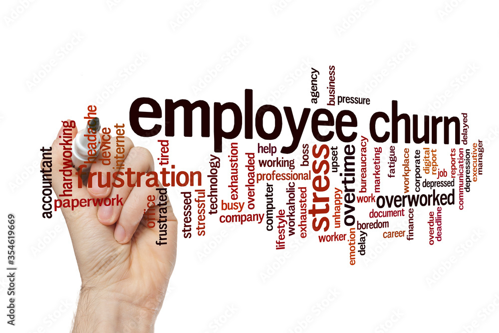 Sticker Employee churn word cloud concept