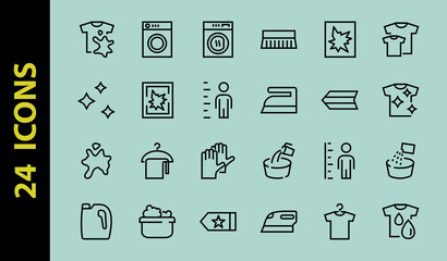 Simple set of washing related vector line Icons. Contains icons such as washing machine, powder, laundry, dirty t-shirt and much more. On a white background, editable stroke. 48x48 pixels perfect