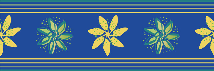 Modern hand drawn flowers vector seamless border. Banner of painterly yellow and teal florals on blue backdrop with striped edging. Stylish geometric design for label, ribbon, washi tape, packaging