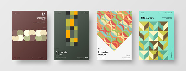 Obraz premium Company identity brochure template collection. Business presentation vector A4 vertical orientation front page mock up set. Corporate report cover abstract geometric illustration design layout bundle.