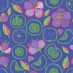 Vector violet fruits and flowers texture seamless pattern print background.