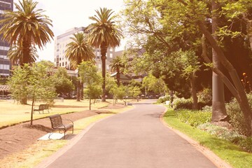 Melbourne park. Vintage filter toned color image.