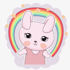 Obraz na płótnie Canvas Cute cartoon bunny with rainbow. Funny rabbit in flat style.