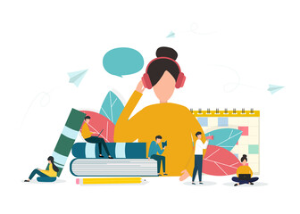 Education concept. Heap of books and people studying around it against white background, flat vector illustration