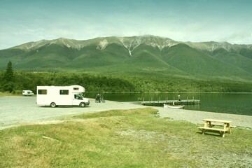 Motorhome in New Zealand. Vintage filter toned color image.
