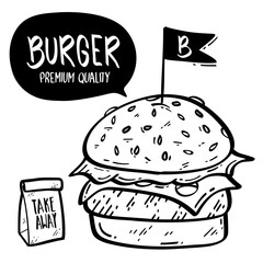 Delicious Burger, fast food vector illustration. Poster template for restaurant, burger house