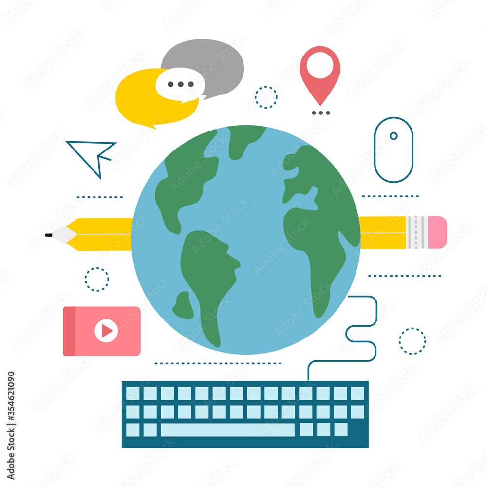 Poster Global network. Flat vector illustration with planet, computer keyboard and internet icons, white background