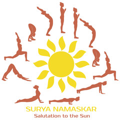 Salutation to the Sun yoga circle. Vector silhouettes of woman practicing yoga complex Surya Namaskar.
