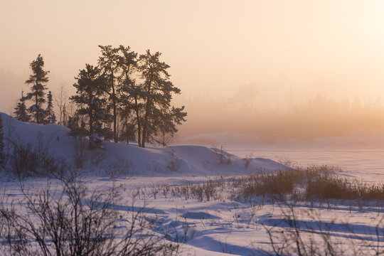 A chilly sunrise at Frame Lake in Yellowknife, Northwest Territories, Canada.
