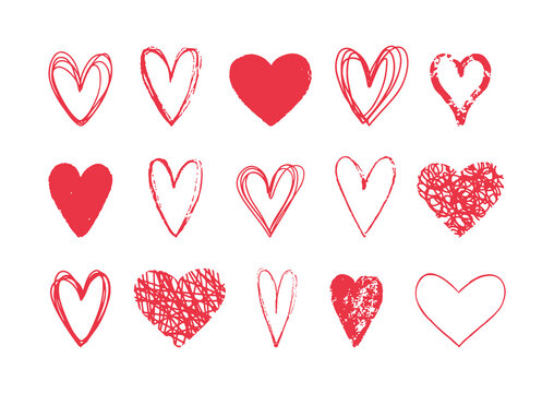 Hand drawn vector set with red hearts isolated on white background. Vector hearts icon collection for wedding, Valentine’s day, romantic holiday and decoration design. Love symbol