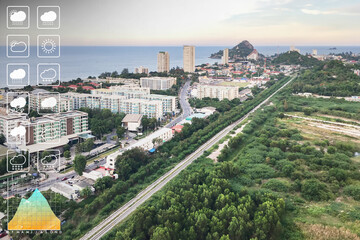 Weather forecast symbol data presentation for travel and transportation with graph and chart on panorama aerial view of Huahin province, Thailand.