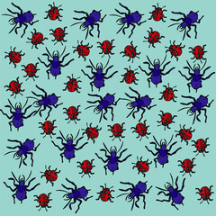 The drawing shows a pattern with insects, namely a ladybug and a ground beetle .