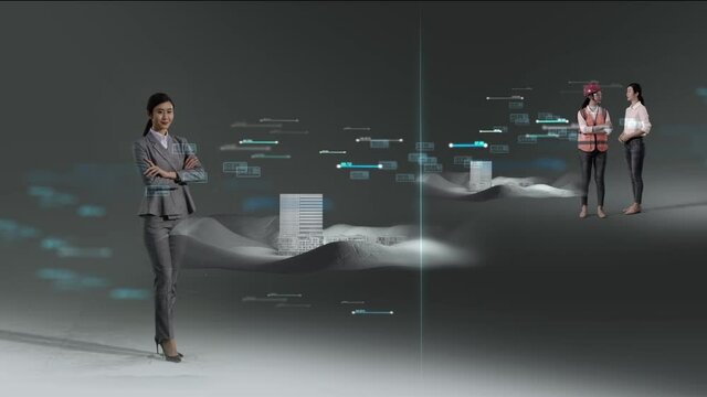 one Asian female acting 3 roles as engineer & designer studying virtual architecture model talking to each other