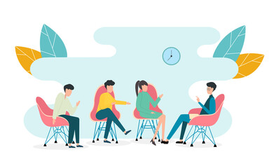 Group of people participating in TV talk show on white background, vector illustration in flat style