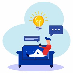 Flat vector illustration, working at home and brainstorming, business concepts for teamwork, finding new solutions, young men sitting on chairs and light bulbs to look for ideas - Vector.