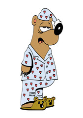 Isolated cute funny sleepy bear standing and wearing a pijama. Cartoon style character vector illustration.