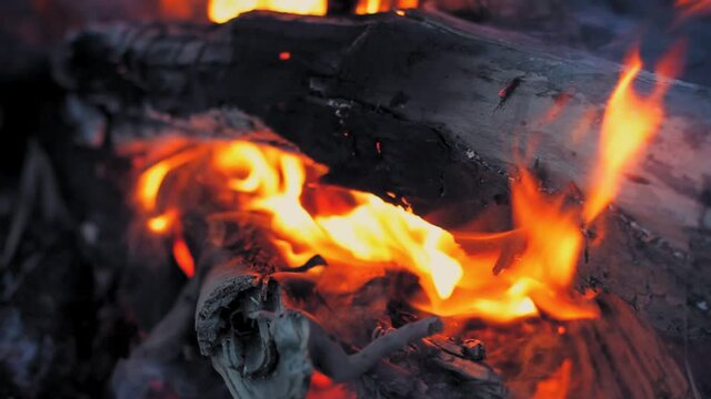Yukon Territory, Alaska. Night camp of a canoe expedition to Alaska. Close up of camp fire flames.