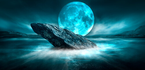 Modern futuristic fantasy night landscape with abstract islands and night sky with space galaxies. Multicolor neon glow. Reflection of light in water, stars. Empty scene, landscape. © MiaStendal