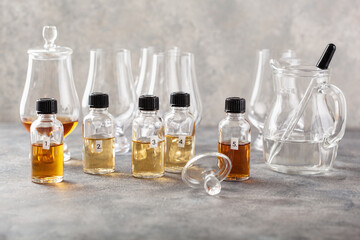 tasting whisky bottles and glasses or spirit brandy cognac. tasting at home