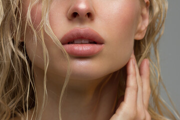 Perfect Lips. Sexy Girl Mouth close up. Beauty young woman Smile. Natural plump full Lip. Lips...