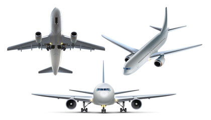 3d realistic vector collection of air plains. Isolated on white background, top view, side view and front view.