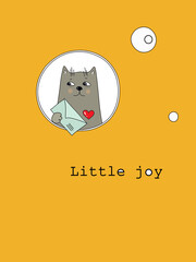 hand drawn satisfied joyful gray cat in the round window with a letter with the inscription "little joy"