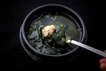 Korean food Seaweed Soup with oyster which is called Miyeok-guk