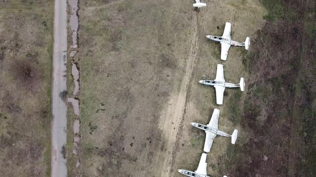 A collection of currently unused aircraft. Storage location for former military aircraft at Vovchansk, Ukraine