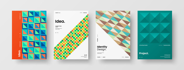 Company identity brochure template collection. Business presentation vector A4 vertical orientation front page mock up set. Corporate report cover abstract geometric illustration design layout bundle.