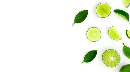 The fresh limes and lime leaves on a white background. limes isolated.limes top view.