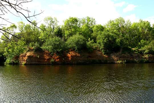 Photo of a cliff with trees, leaving in the water of the river.