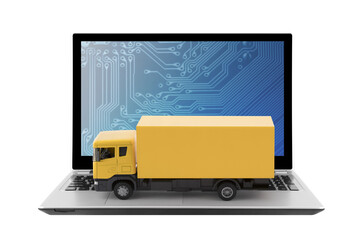 Yellow cargo delivery truck on laptop isolated on white background