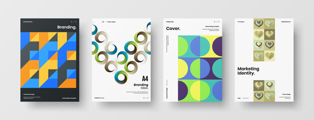 Fototapeta premium Company identity brochure template collection. Business presentation vector A4 vertical orientation front page mock up set. Corporate report cover abstract geometric illustration design layout bundle.
