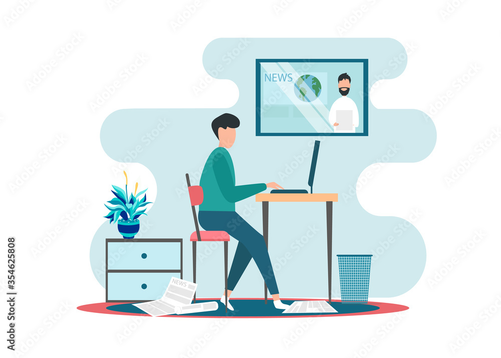 Aufkleber journalist working on laptop while watching news program on tv indoors, white background. flat vecto