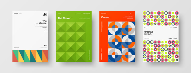 Fototapeta premium Company identity brochure template collection. Business presentation vector A4 vertical orientation front page mock up set. Corporate report cover abstract geometric illustration design layout bundle.