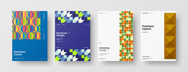 Fototapeta premium Company identity brochure template collection. Business presentation vector A4 vertical orientation front page mock up set. Corporate report cover abstract geometric illustration design layout bundle.