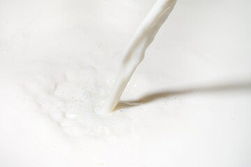 Drops of liquid milk pouring down or white drops with ripples