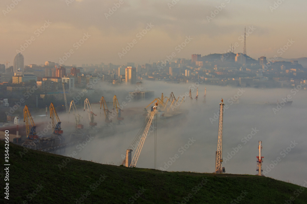 Wall mural fog during the day in a commercial sea port in the summer, the tops of port cranes sticking out of t