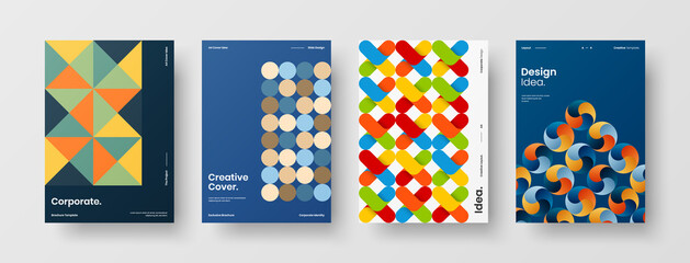 Fototapeta premium Company identity brochure template collection. Business presentation vector A4 vertical orientation front page mock up set. Corporate report cover abstract geometric illustration design layout bundle.