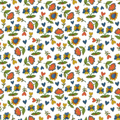 Seamless watercolor pattern with flowers in folk style on a white background.