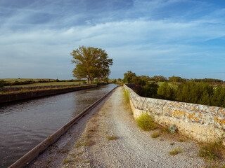 Abadanes Aqueduct on the Canal de Castilla in the town of Melgar de Fernamental in Spain.